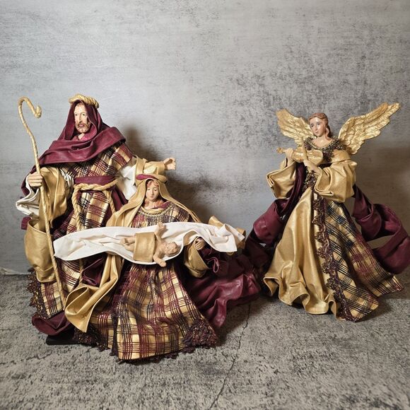 Vintage Clothtique Ribbon Paper Mache Mary Joseph Baby Jesus Nativity + Angel - Picture 1 of 16